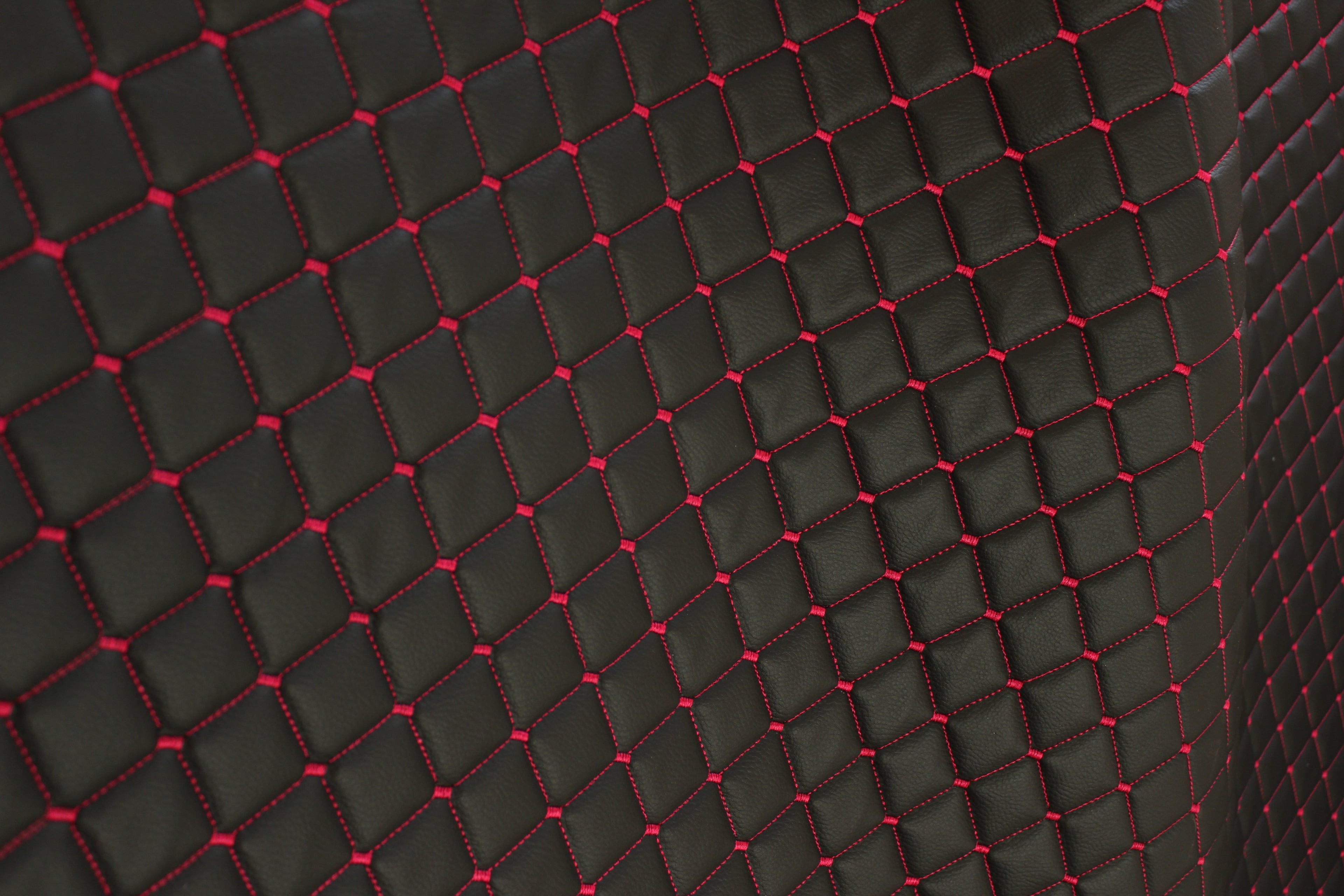 Pink Stitched Black Vinyl Faux Leather Car Upholstery Fabric | 2"x2" 5x5cm Diamond Stitch with 5mm Foam | 140cm Wide | Automotive