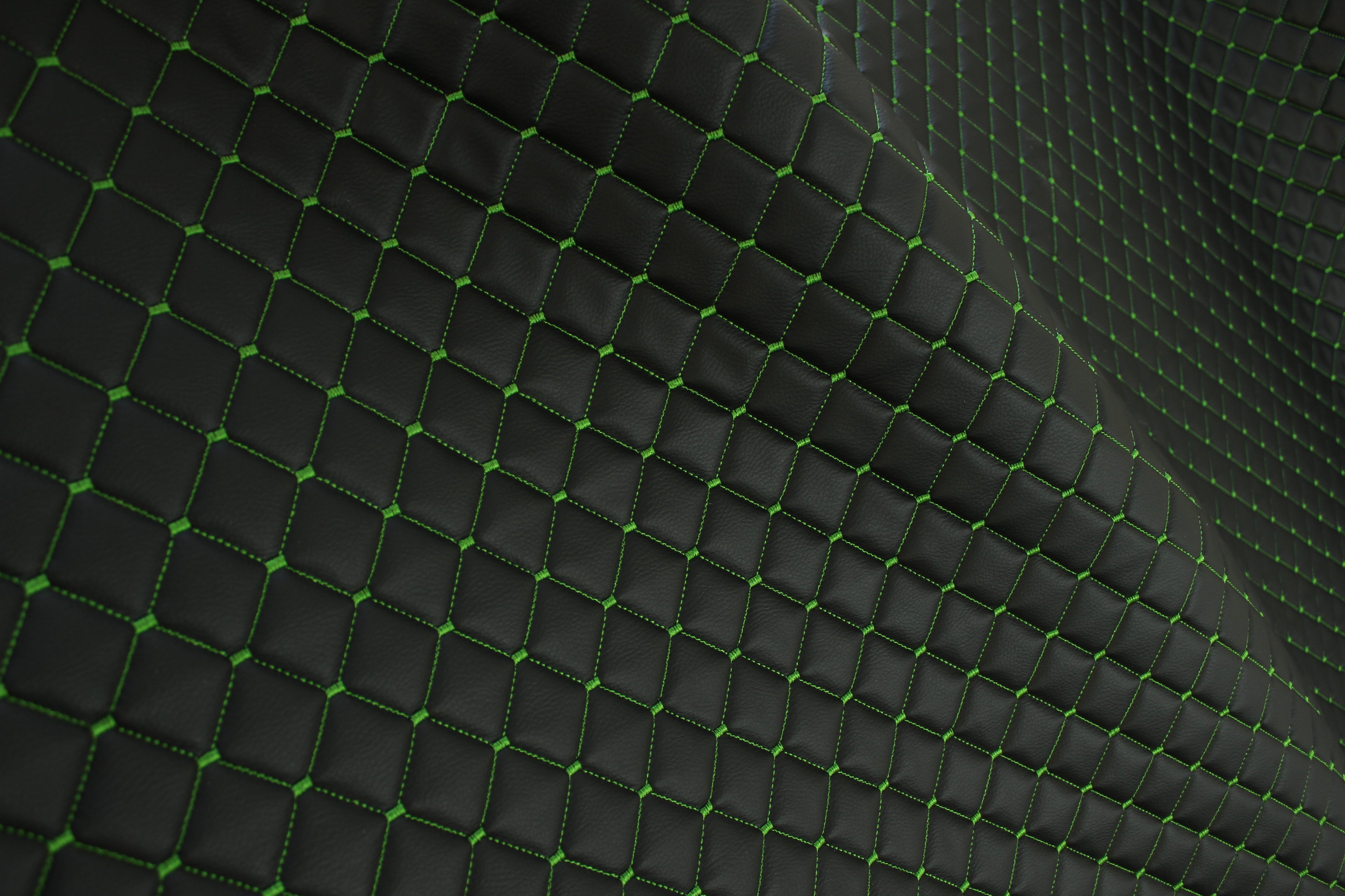 Black Dark Green Quilted Vinyl Faux Leather Car Upholstery Fabric | 2"x2" 5x5cm Diamond Stitch with 5mm Foam | 140cm Wide | Automotive