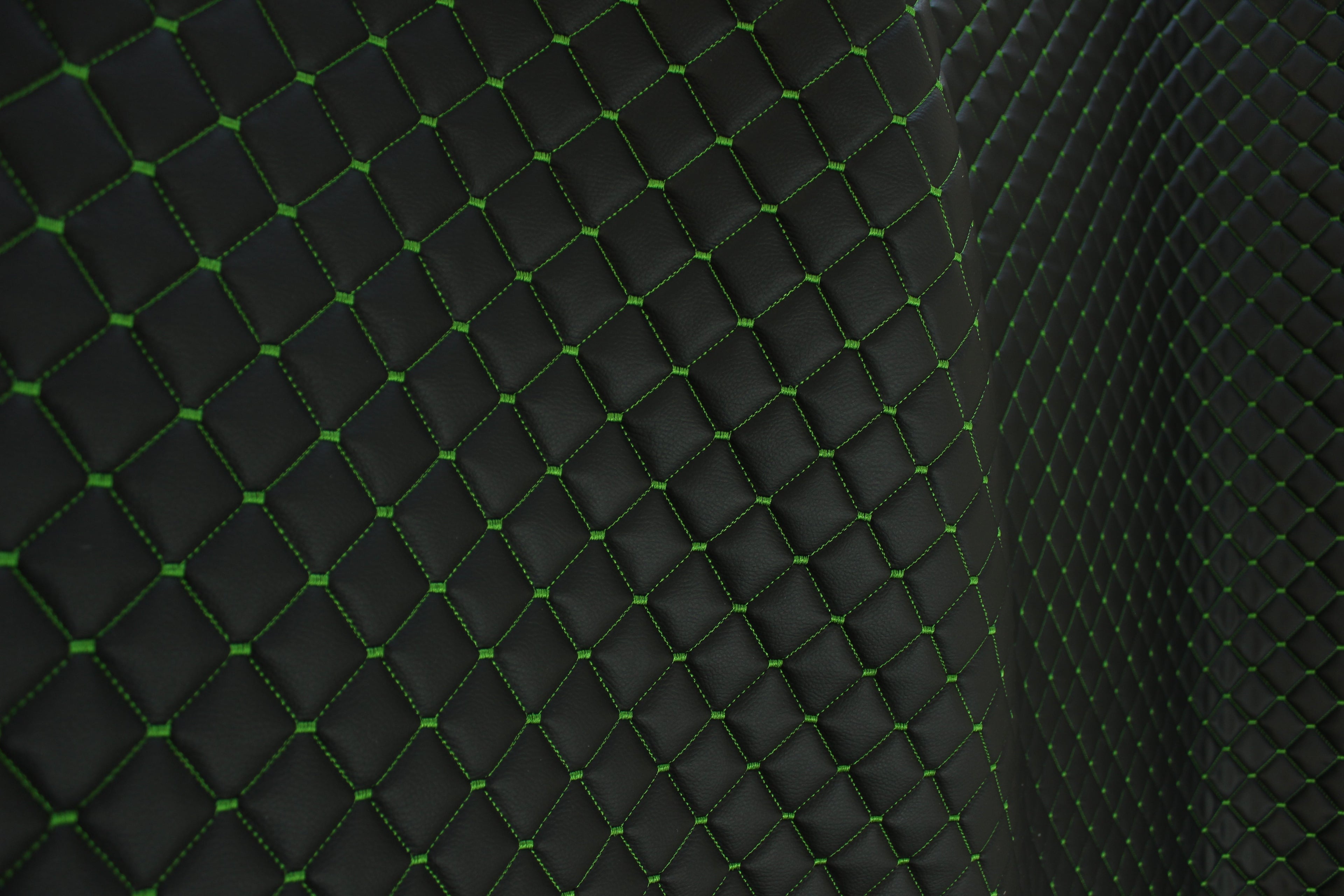 Black Dark Green Quilted Vinyl Faux Leather Car Upholstery Fabric | 2"x2" 5x5cm Diamond Stitch with 5mm Foam | 140cm Wide | Automotive