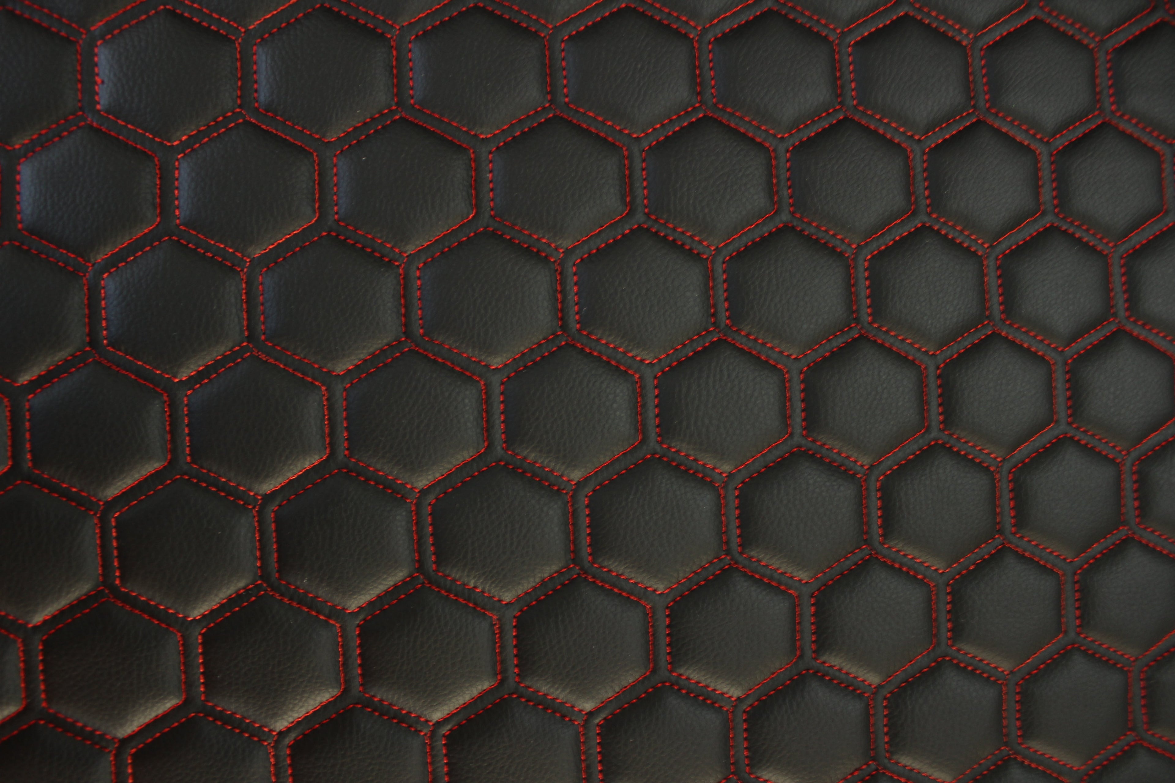Red Quilted Black Vinyl Faux Leather Car Upholstery Fabric | 2" x 5cm Hexagon Pattern Stitch with 5mm Foam Backing | 140cm Wide | Automotive