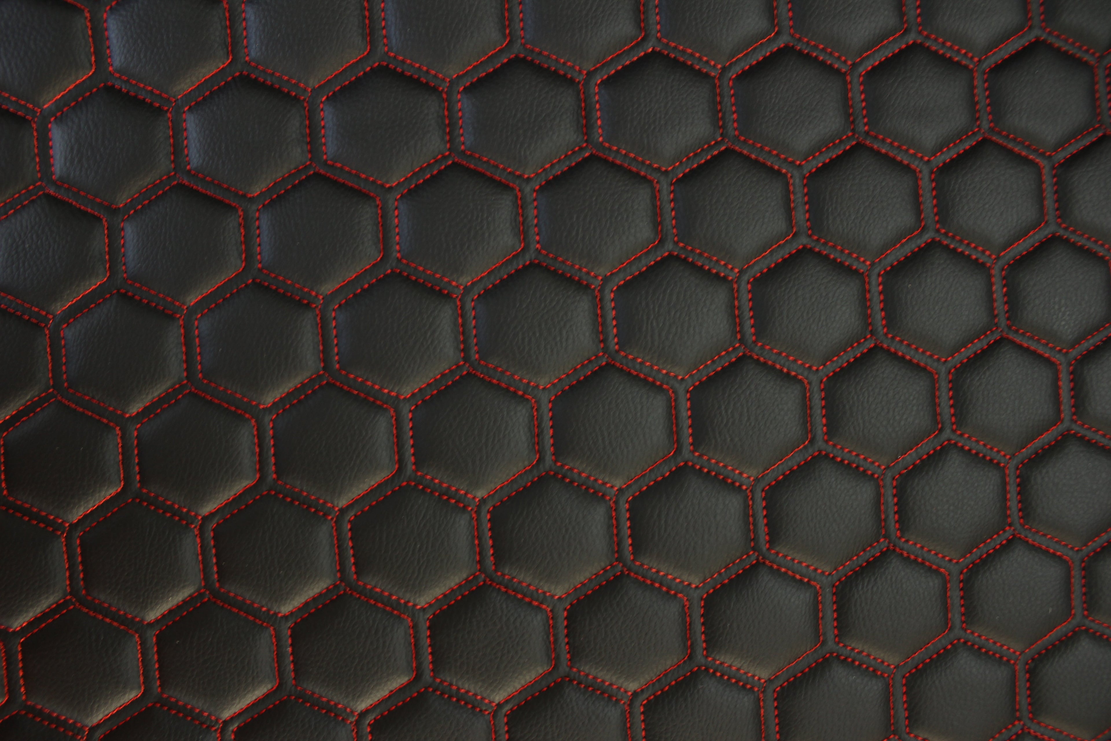 Red Quilted Black Vinyl Faux Leather Car Upholstery Fabric | 2" x 5cm Hexagon Pattern Stitch with 5mm Foam Backing | 140cm Wide | Automotive