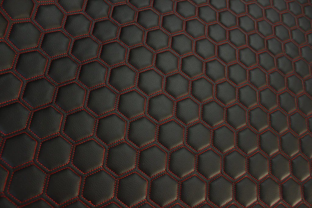 Red Quilted Black Vinyl Faux Leather Car Upholstery Fabric | 2" x 5cm Hexagon Pattern Stitch with 5mm Foam Backing | 140cm Wide | Automotive