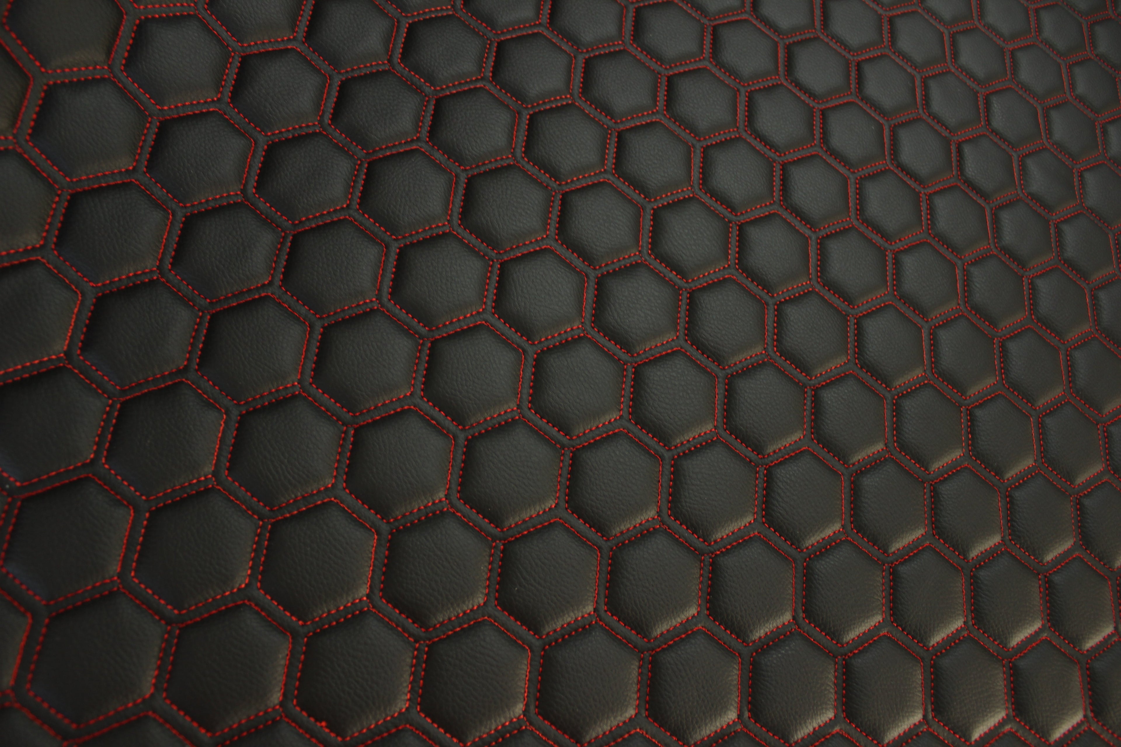 Red Quilted Black Vinyl Faux Leather Car Upholstery Fabric | 2" x 5cm Hexagon Pattern Stitch with 5mm Foam Backing | 140cm Wide | Automotive