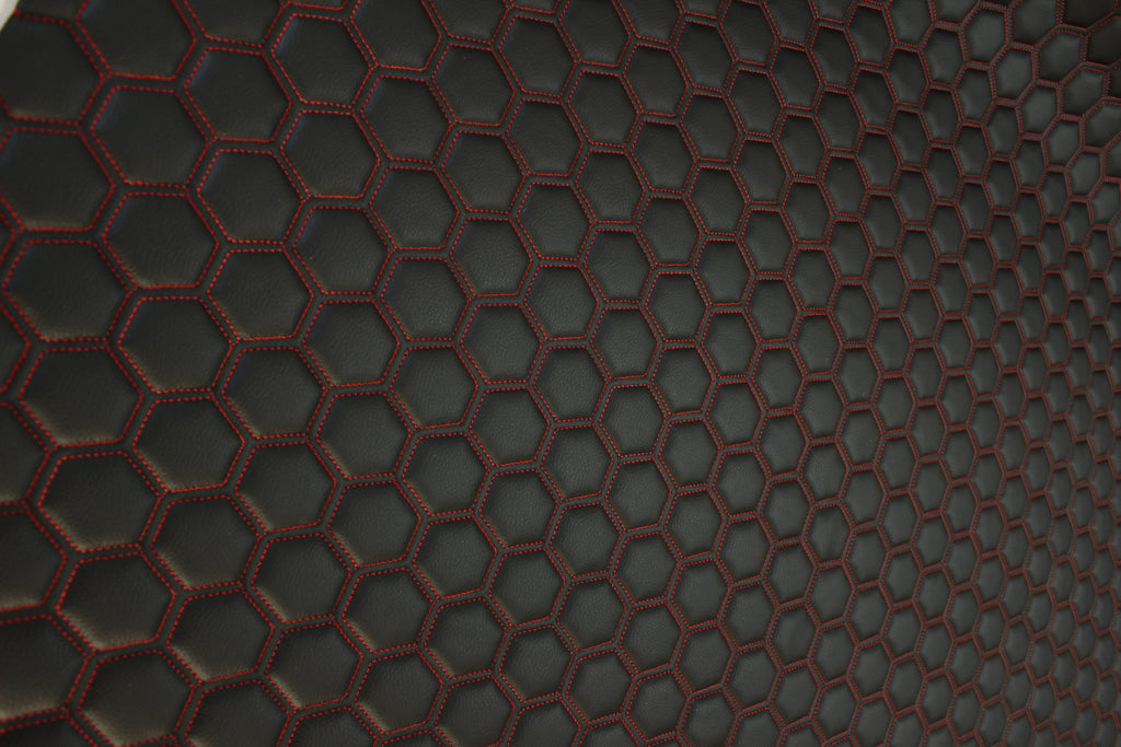Red Quilted Black Vinyl Faux Leather Car Upholstery Fabric | 2" x 5cm Hexagon Pattern Stitch with 5mm Foam Backing | 140cm Wide | Automotive