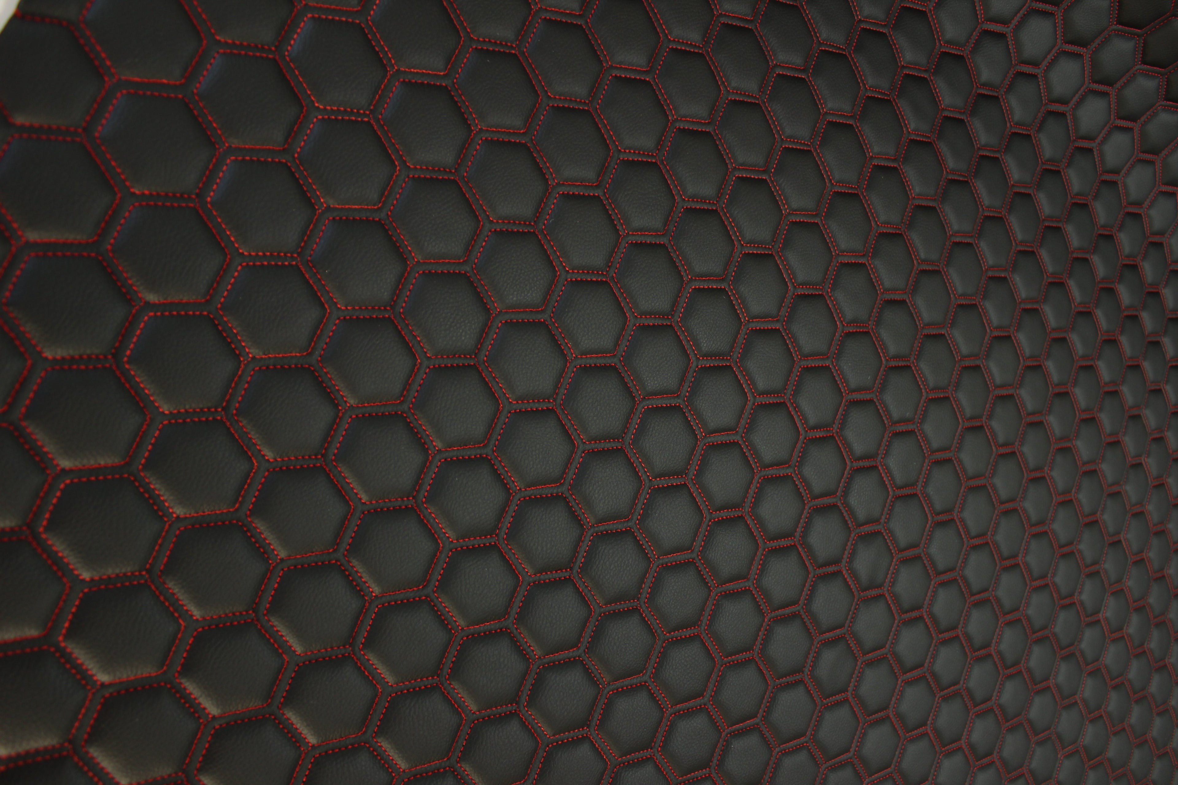 Red Quilted Black Vinyl Faux Leather Car Upholstery Fabric | 2" x 5cm Hexagon Pattern Stitch with 5mm Foam Backing | 140cm Wide | Automotive