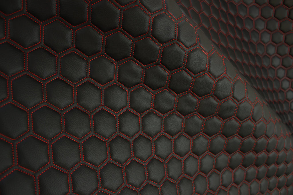 Red Quilted Black Vinyl Faux Leather Car Upholstery Fabric | 2" x 5cm Hexagon Pattern Stitch with 5mm Foam Backing | 140cm Wide | Automotive