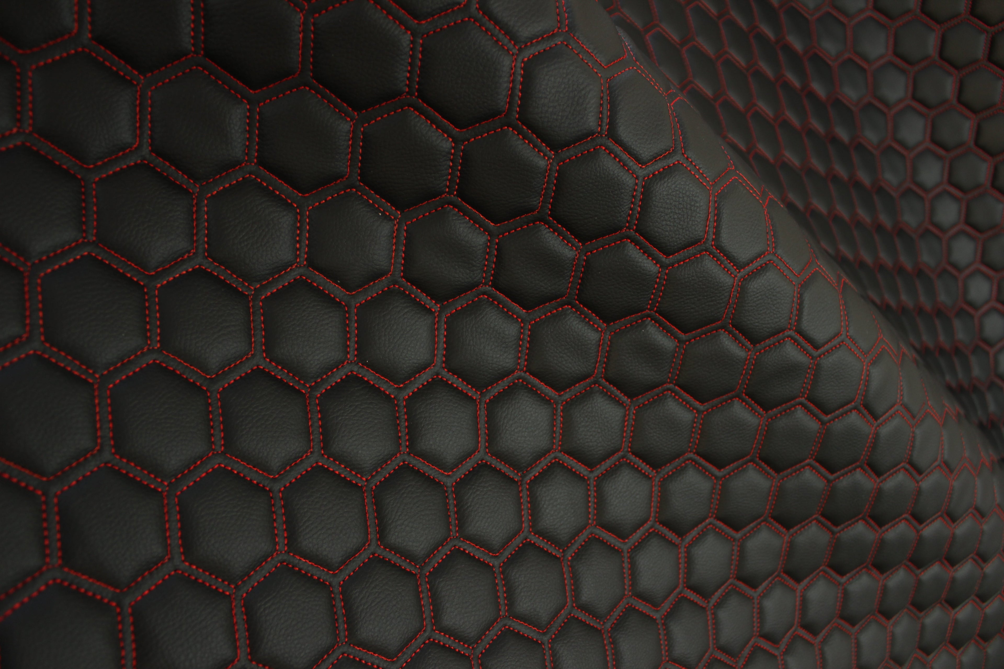 Red Quilted Black Vinyl Faux Leather Car Upholstery Fabric | 2" x 5cm Hexagon Pattern Stitch with 5mm Foam Backing | 140cm Wide | Automotive