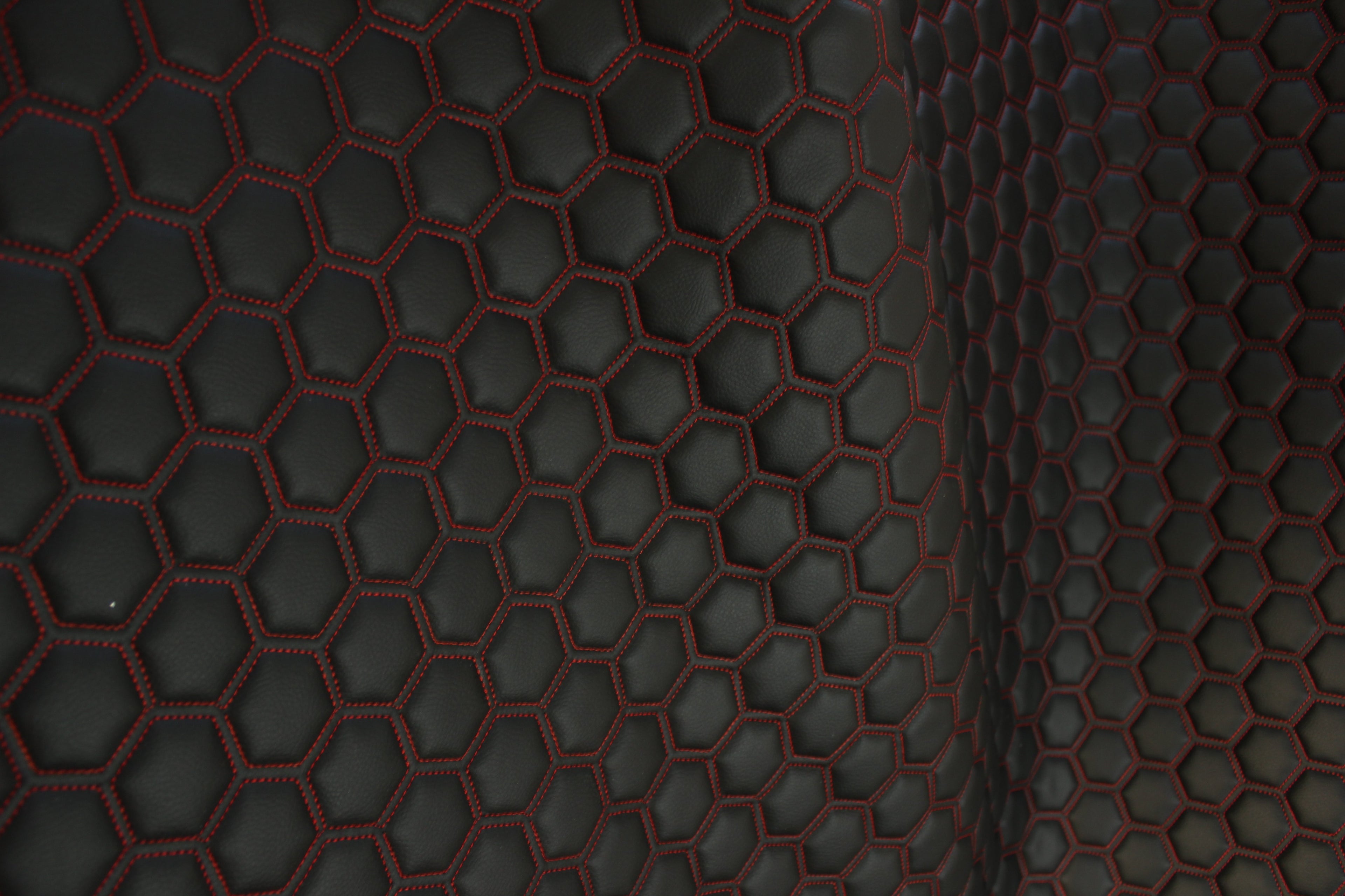 Red Quilted Black Vinyl Faux Leather Car Upholstery Fabric | 2" x 5cm Hexagon Pattern Stitch with 5mm Foam Backing | 140cm Wide | Automotive