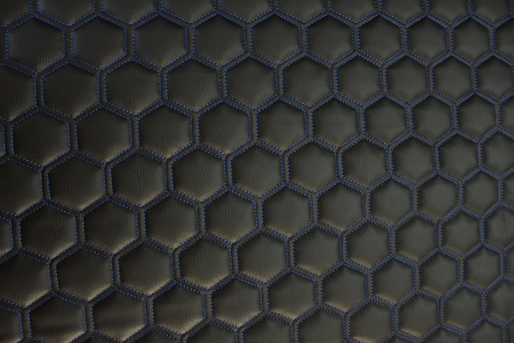 Blue Quilted Black Vinyl Faux Leather Car Upholstery Fabric | 2" x 5cm Hexagon Pattern Stitch with 5mm Foam Backing | 140cm Wide | Automotive