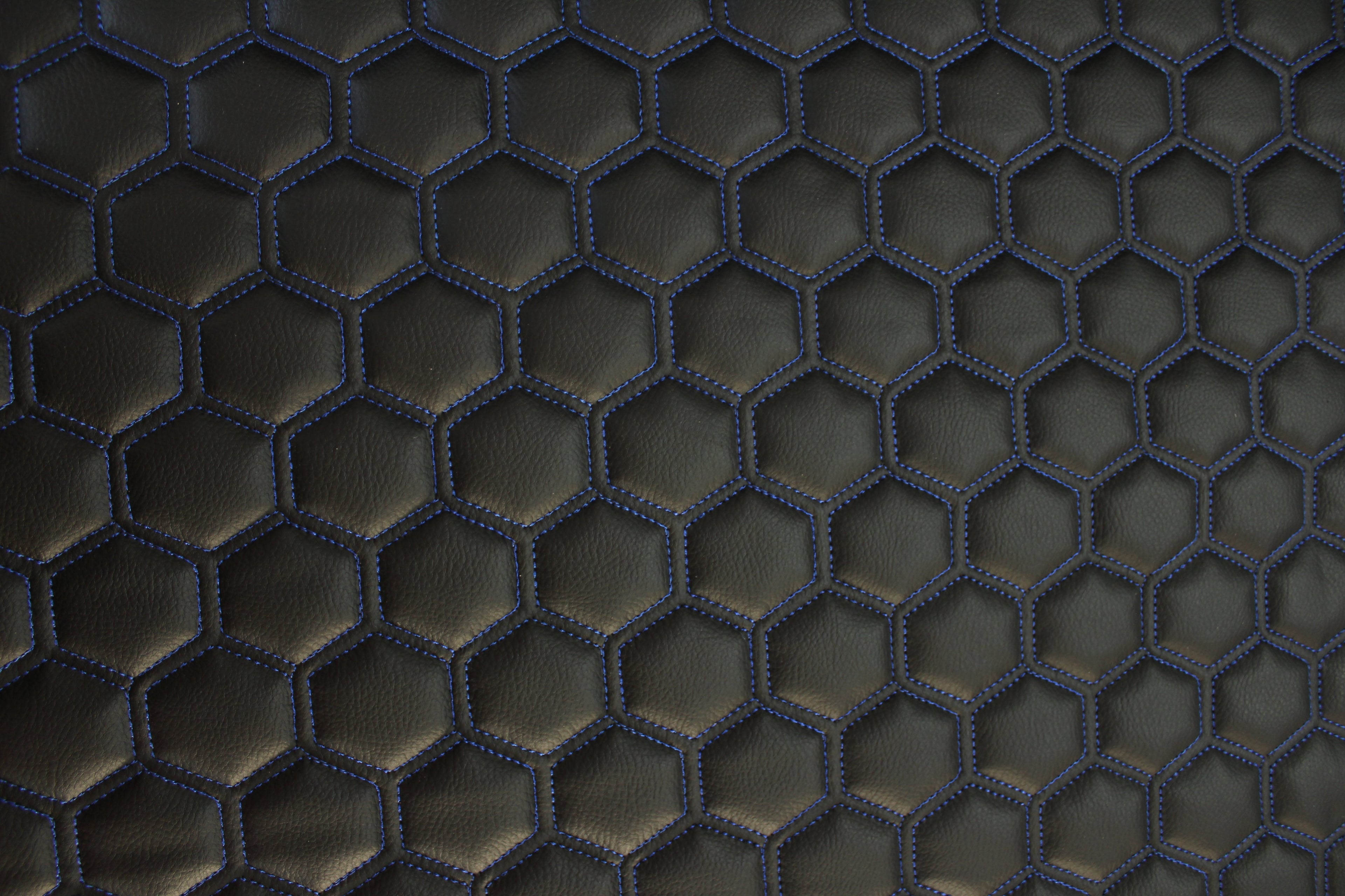 Blue Quilted Black Vinyl Faux Leather Car Upholstery Fabric | 2" x 5cm Hexagon Pattern Stitch with 5mm Foam Backing | 140cm Wide | Automotive