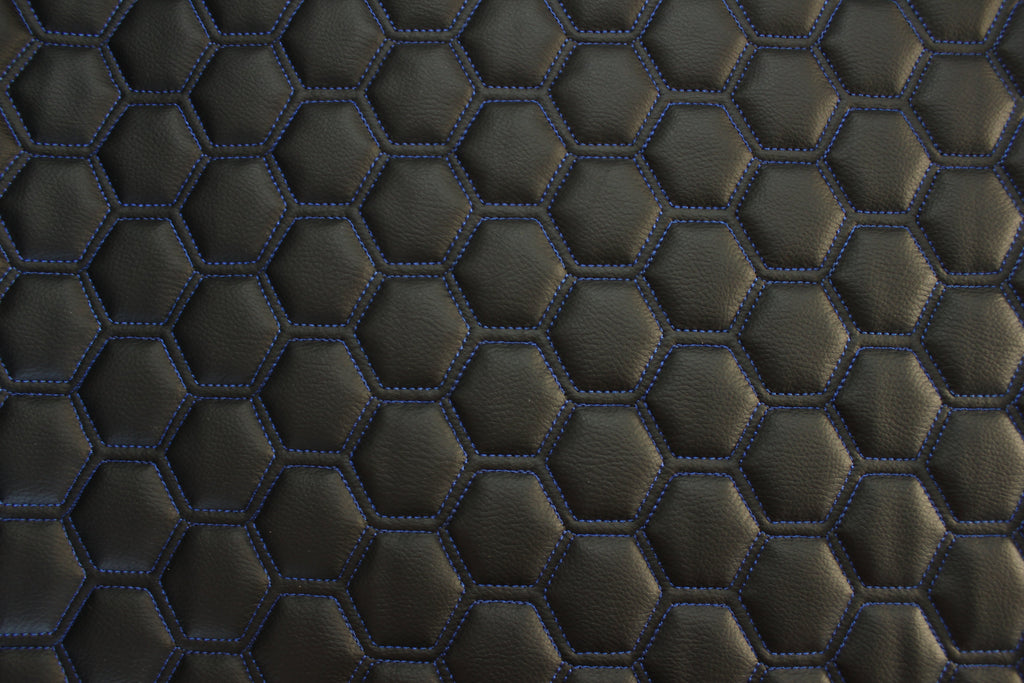 Blue Quilted Black Vinyl Faux Leather Car Upholstery Fabric | 2" x 5cm Hexagon Pattern Stitch with 5mm Foam Backing | 140cm Wide | Automotive