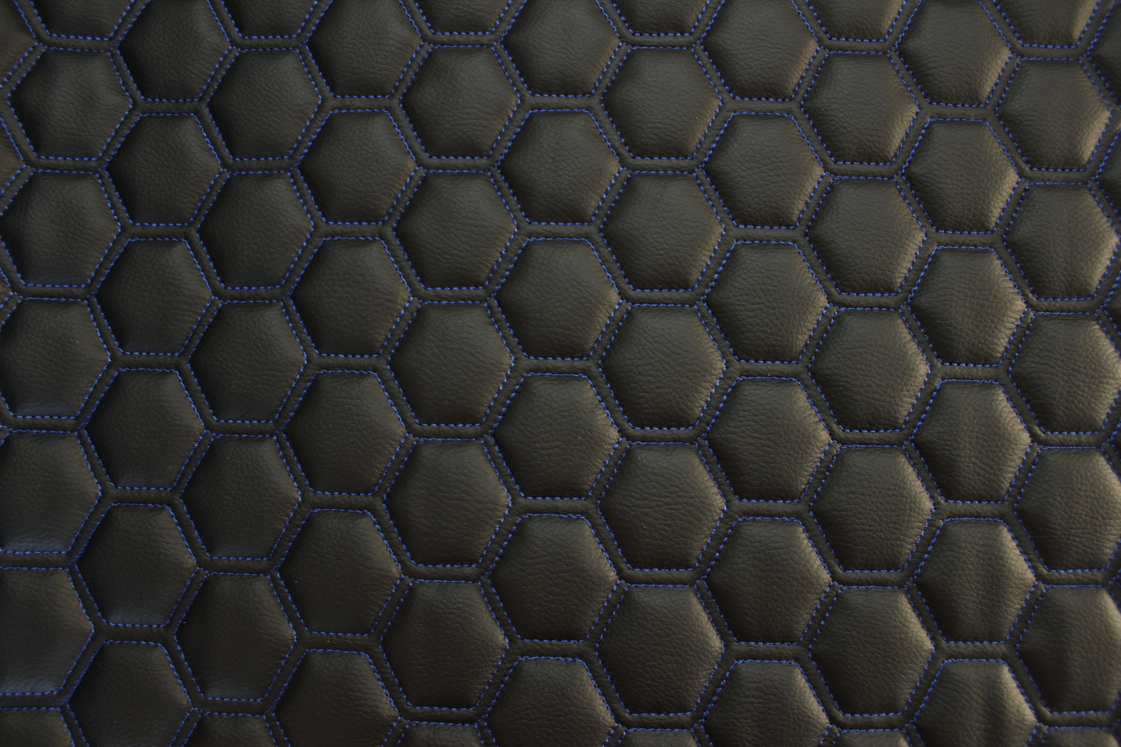 Blue Quilted Black Vinyl Faux Leather Car Upholstery Fabric | 2" x 5cm Hexagon Pattern Stitch with 5mm Foam Backing | 140cm Wide | Automotive
