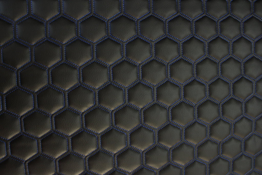 Blue Quilted Black Vinyl Faux Leather Car Upholstery Fabric | 2" x 5cm Hexagon Pattern Stitch with 5mm Foam Backing | 140cm Wide | Automotive