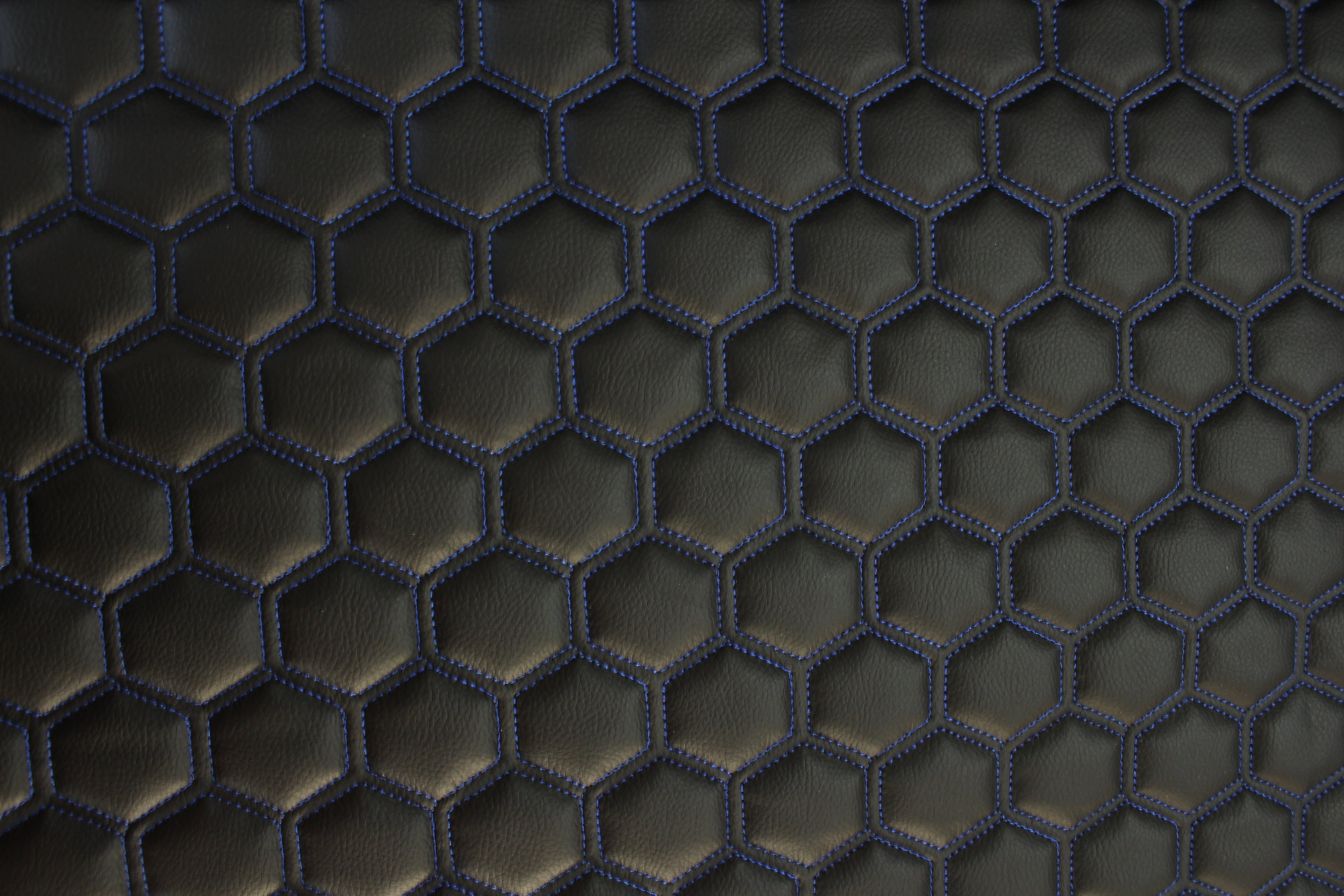Blue Quilted Black Vinyl Faux Leather Car Upholstery Fabric | 2" x 5cm Hexagon Pattern Stitch with 5mm Foam Backing | 140cm Wide | Automotive