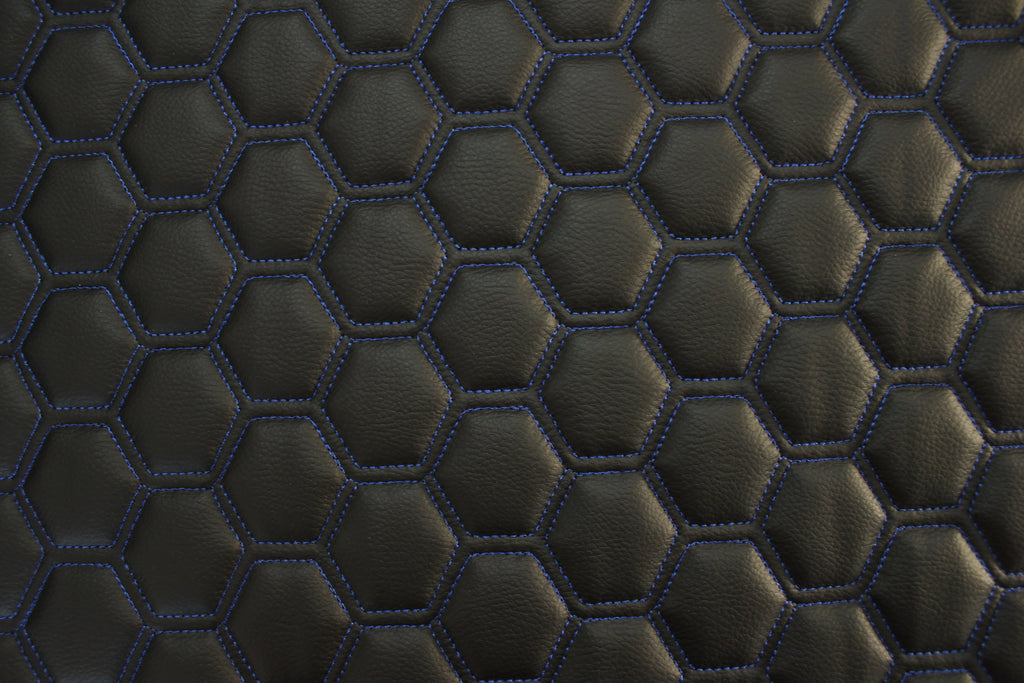 Blue Quilted Black Vinyl Faux Leather Car Upholstery Fabric | 2" x 5cm Hexagon Pattern Stitch with 5mm Foam Backing | 140cm Wide | Automotive