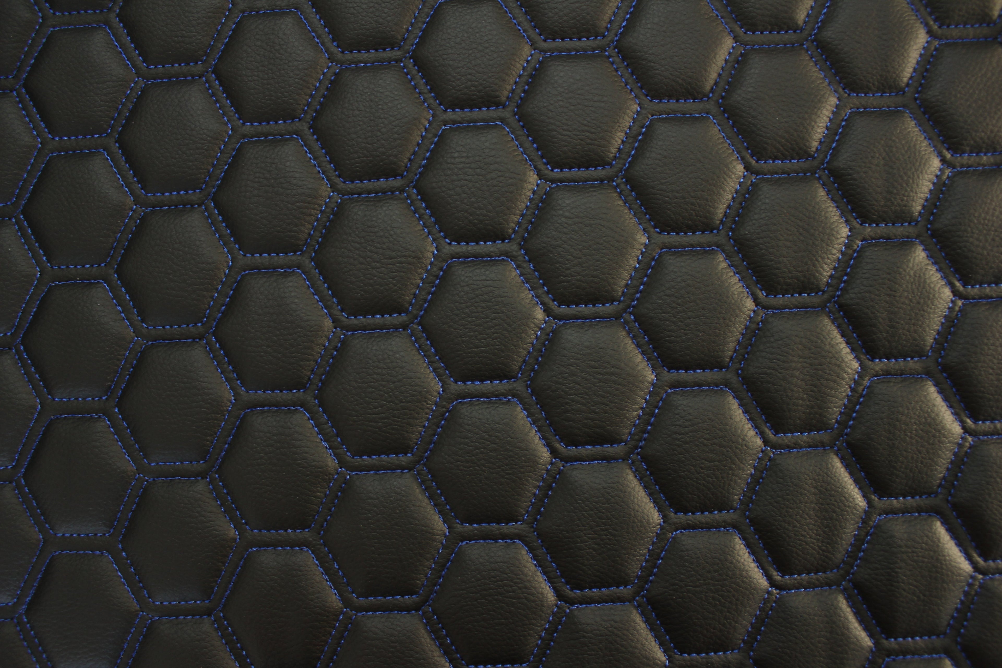 Blue Quilted Black Vinyl Faux Leather Car Upholstery Fabric | 2" x 5cm Hexagon Pattern Stitch with 5mm Foam Backing | 140cm Wide | Automotive