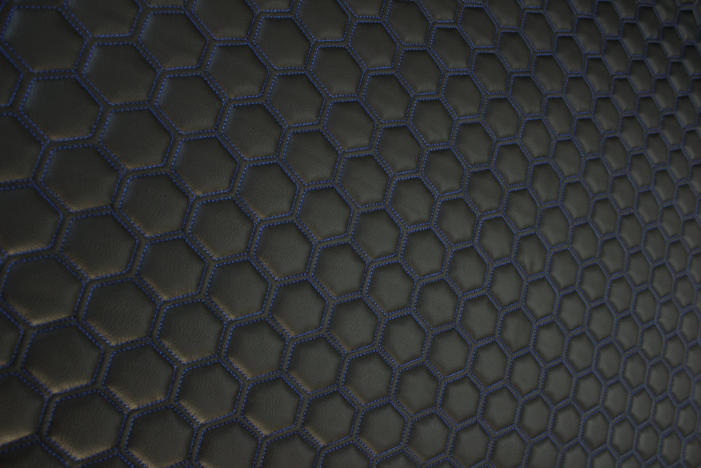Blue Quilted Black Vinyl Faux Leather Car Upholstery Fabric | 2" x 5cm Hexagon Pattern Stitch with 5mm Foam Backing | 140cm Wide | Automotive