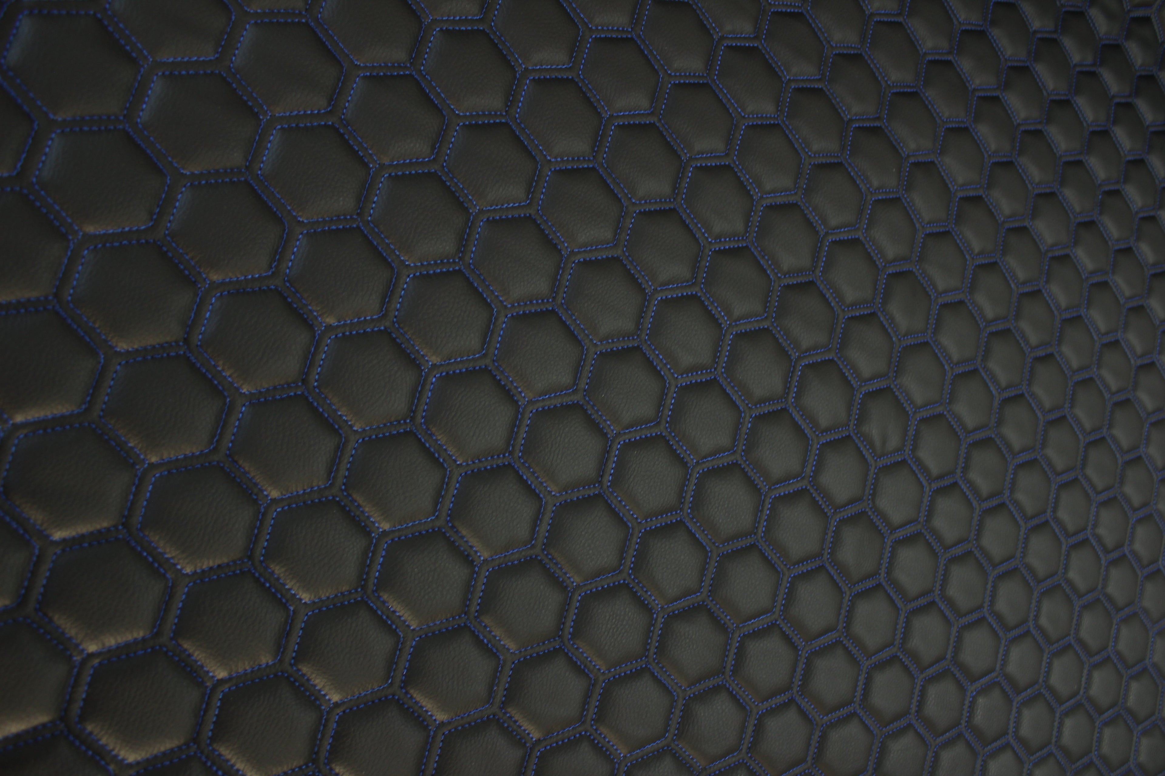 Blue Quilted Black Vinyl Faux Leather Car Upholstery Fabric | 2" x 5cm Hexagon Pattern Stitch with 5mm Foam Backing | 140cm Wide | Automotive
