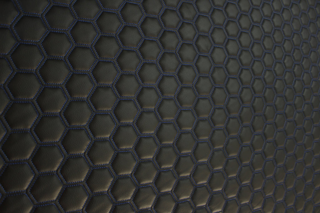 Blue Quilted Black Vinyl Faux Leather Car Upholstery Fabric | 2" x 5cm Hexagon Pattern Stitch with 5mm Foam Backing | 140cm Wide | Automotive