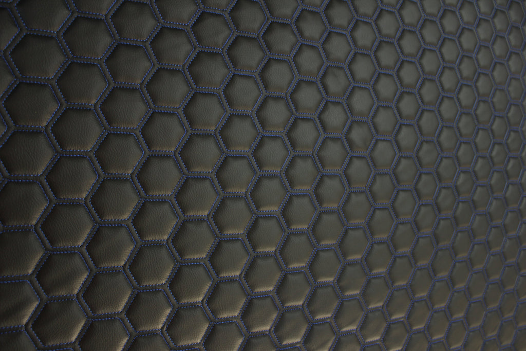 Blue Quilted Black Vinyl Faux Leather Car Upholstery Fabric | 2" x 5cm Hexagon Pattern Stitch with 5mm Foam Backing | 140cm Wide | Automotive