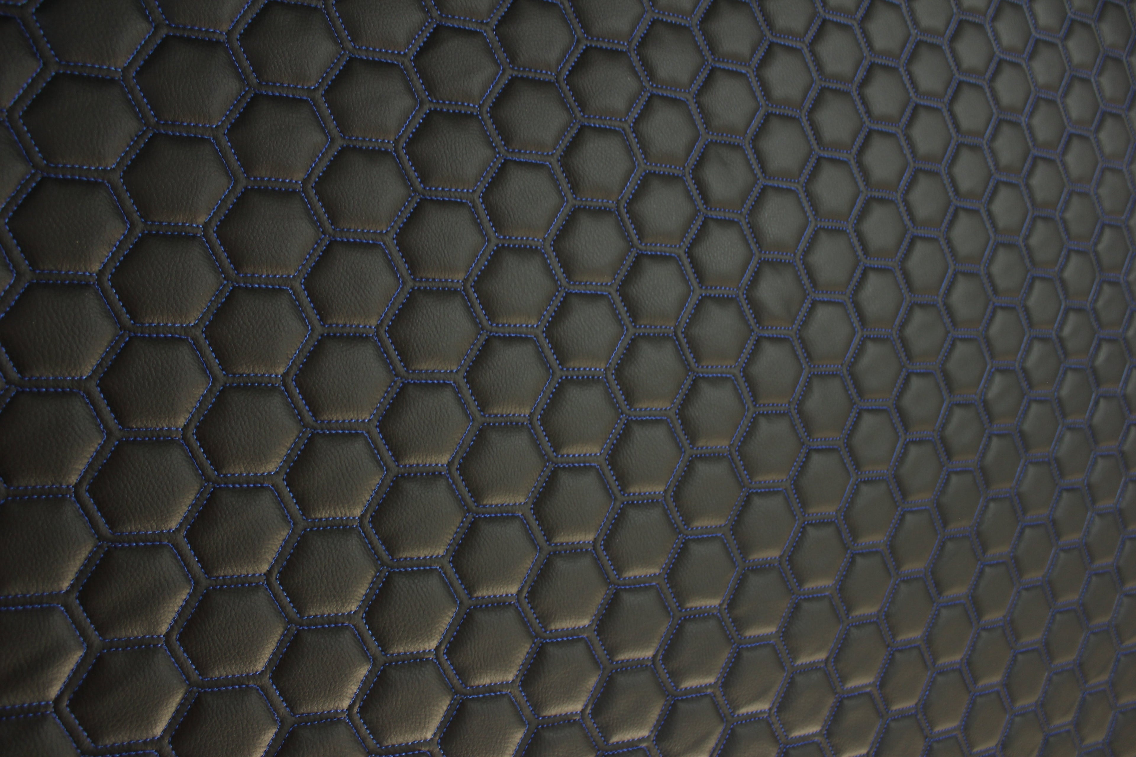 Blue Quilted Black Vinyl Faux Leather Car Upholstery Fabric | 2" x 5cm Hexagon Pattern Stitch with 5mm Foam Backing | 140cm Wide | Automotive