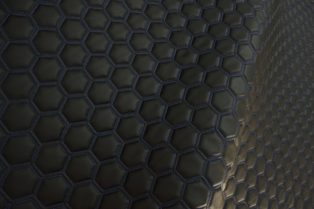 Blue Quilted Black Vinyl Faux Leather Car Upholstery Fabric | 2" x 5cm Hexagon Pattern Stitch with 5mm Foam Backing | 140cm Wide | Automotive