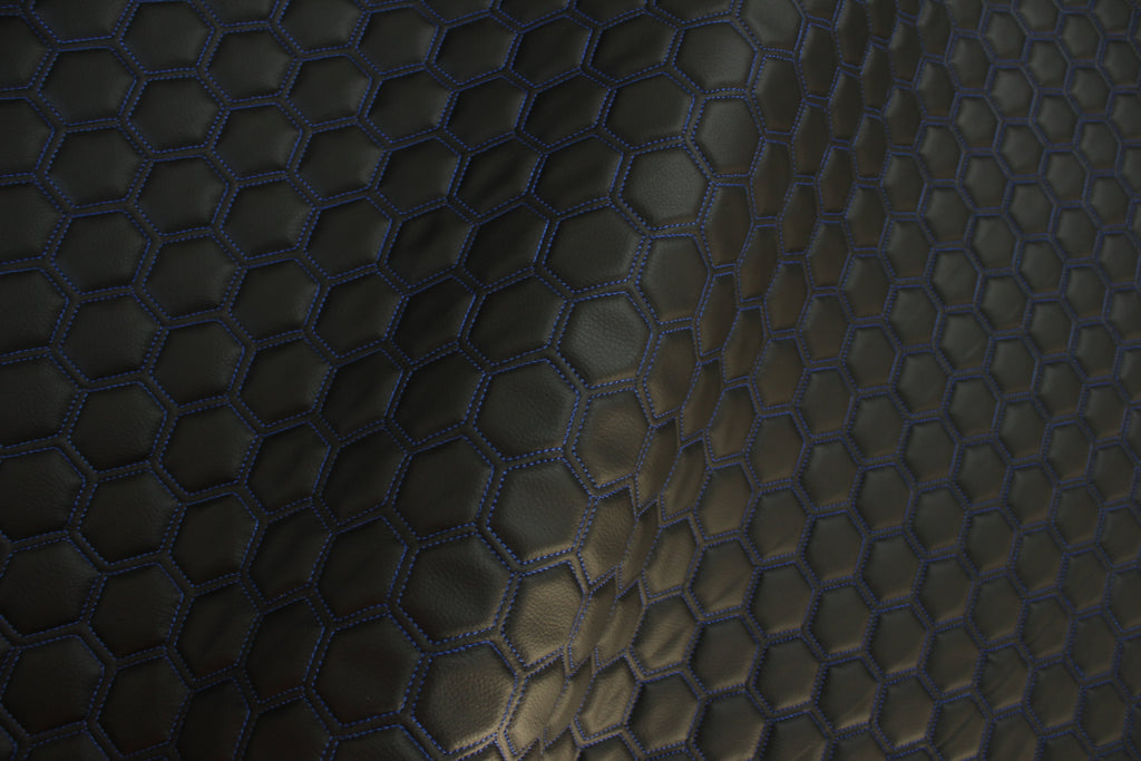 Blue Quilted Black Vinyl Faux Leather Car Upholstery Fabric | 2" x 5cm Hexagon Pattern Stitch with 5mm Foam Backing | 140cm Wide | Automotive