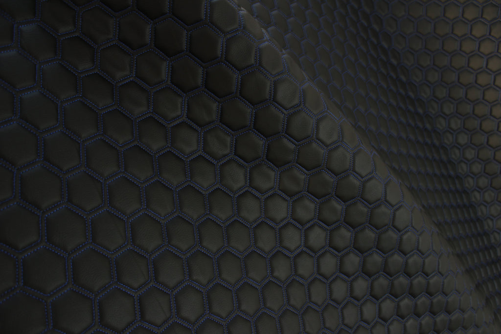 Blue Quilted Black Vinyl Faux Leather Car Upholstery Fabric | 2" x 5cm Hexagon Pattern Stitch with 5mm Foam Backing | 140cm Wide | Automotive