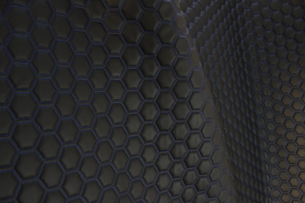 Blue Quilted Black Vinyl Faux Leather Car Upholstery Fabric | 2" x 5cm Hexagon Pattern Stitch with 5mm Foam Backing | 140cm Wide | Automotive