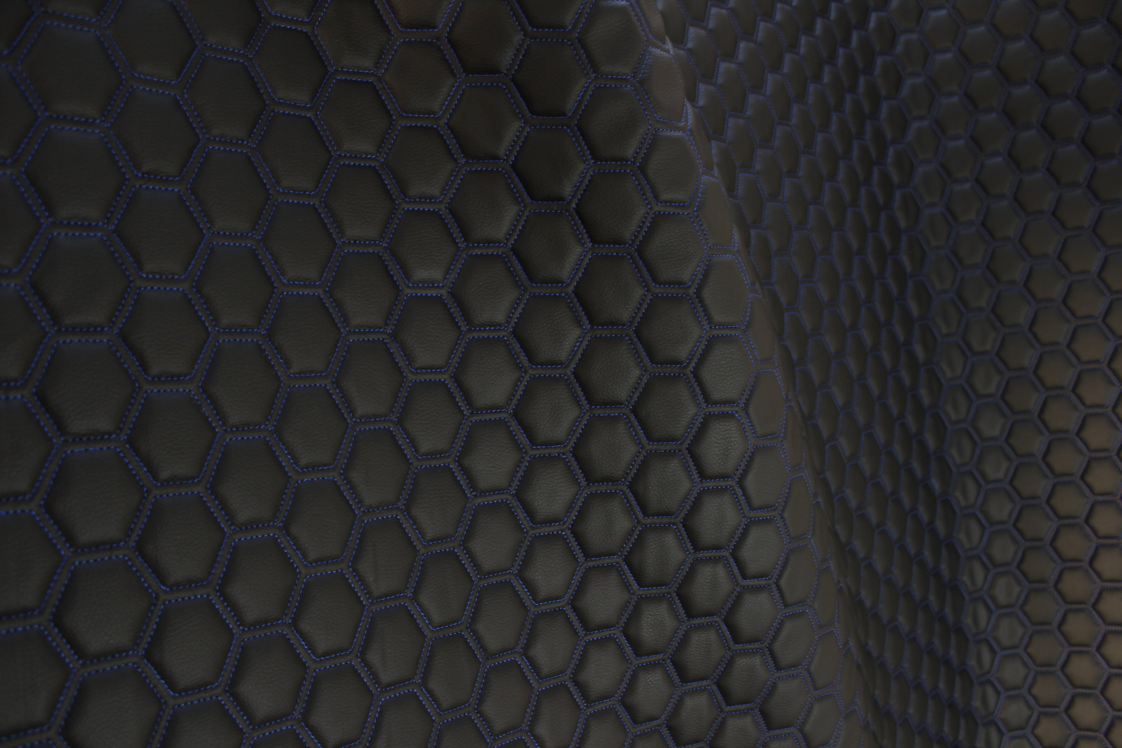 Blue Quilted Black Vinyl Faux Leather Car Upholstery Fabric | 2" x 5cm Hexagon Pattern Stitch with 5mm Foam Backing | 140cm Wide | Automotive