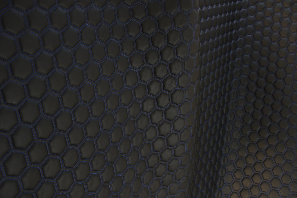 Blue Quilted Black Vinyl Faux Leather Car Upholstery Fabric | 2" x 5cm Hexagon Pattern Stitch with 5mm Foam Backing | 140cm Wide | Automotive
