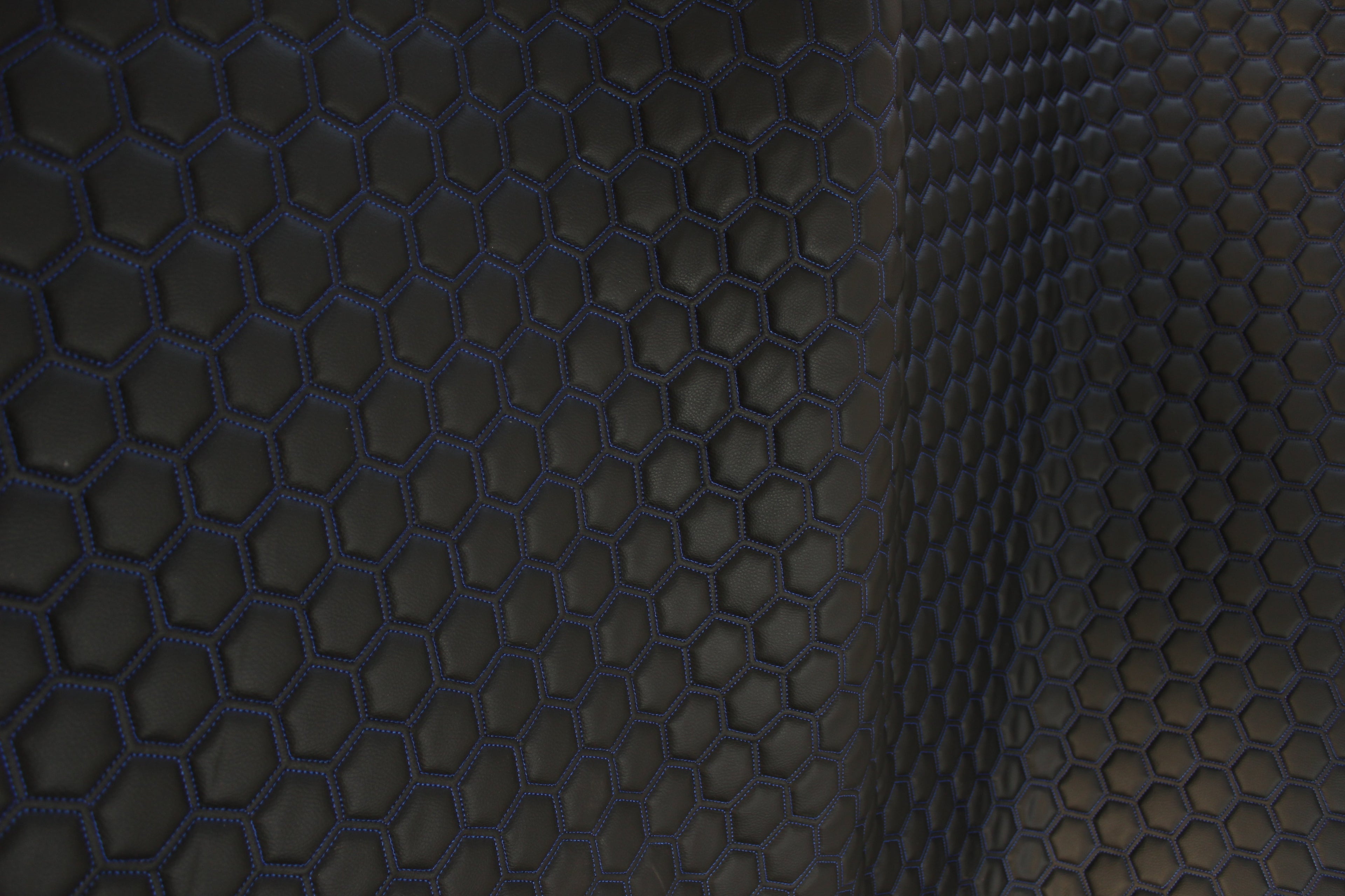 Blue Quilted Black Vinyl Faux Leather Car Upholstery Fabric | 2" x 5cm Hexagon Pattern Stitch with 5mm Foam Backing | 140cm Wide | Automotive