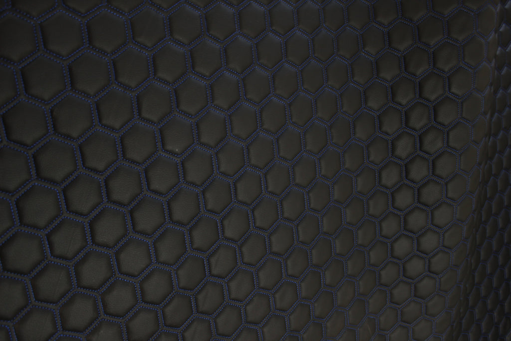 Blue Quilted Black Vinyl Faux Leather Car Upholstery Fabric | 2" x 5cm Hexagon Pattern Stitch with 5mm Foam Backing | 140cm Wide | Automotive