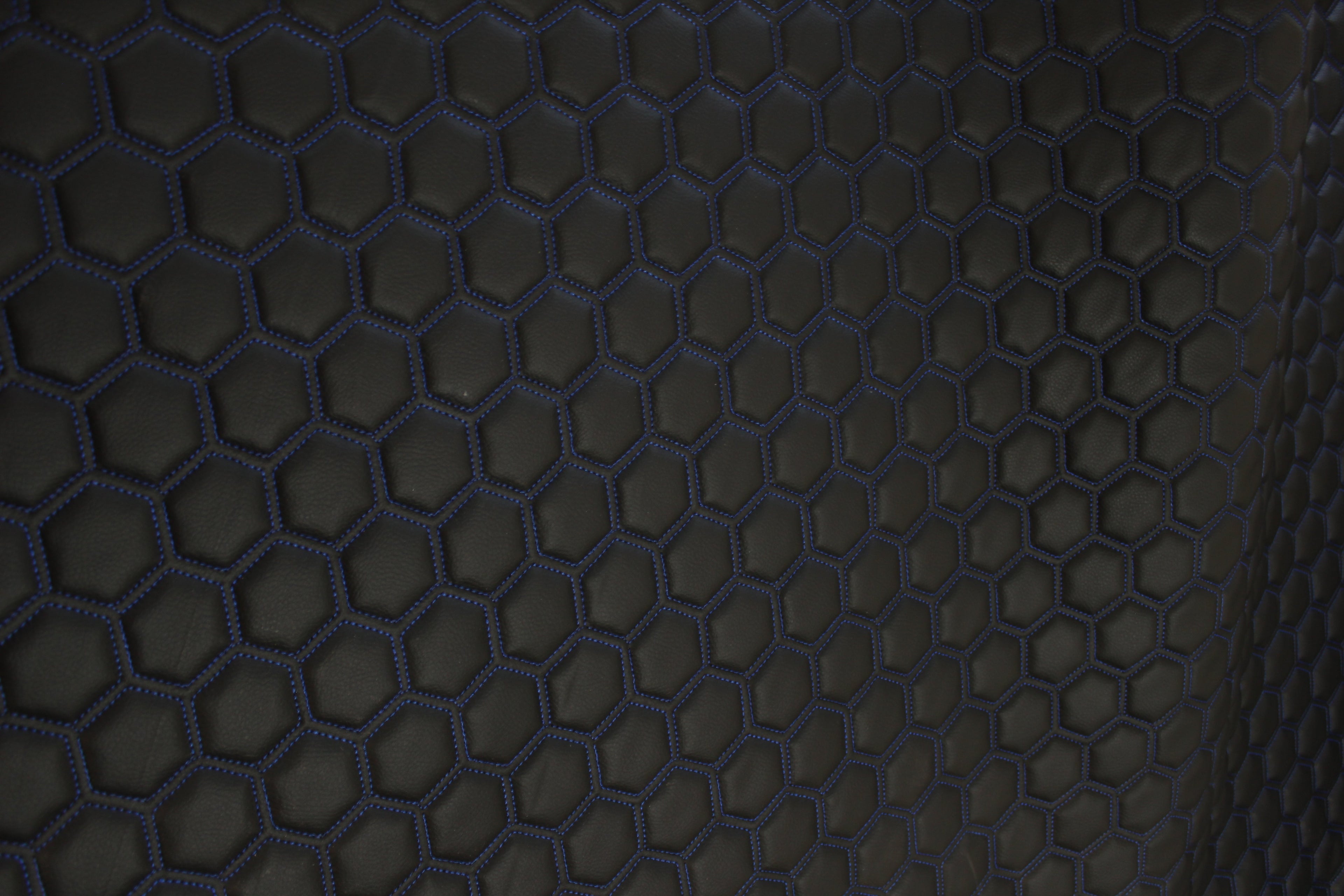 Blue Quilted Black Vinyl Faux Leather Car Upholstery Fabric | 2" x 5cm Hexagon Pattern Stitch with 5mm Foam Backing | 140cm Wide | Automotive