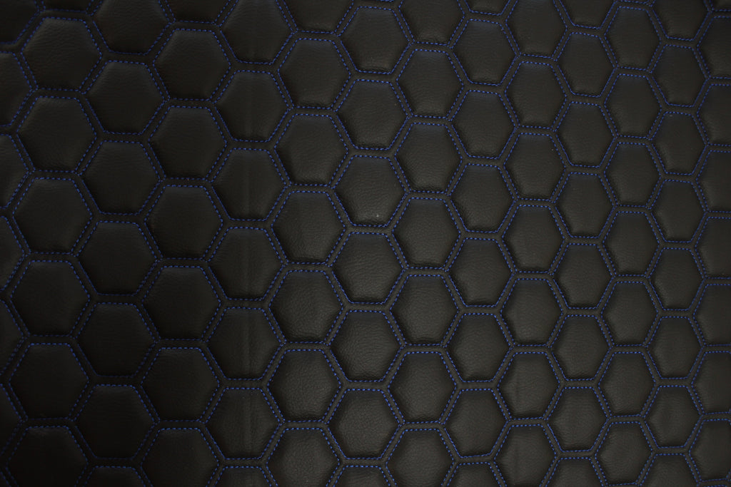 Blue Quilted Black Vinyl Faux Leather Car Upholstery Fabric | 2" x 5cm Hexagon Pattern Stitch with 5mm Foam Backing | 140cm Wide | Automotive