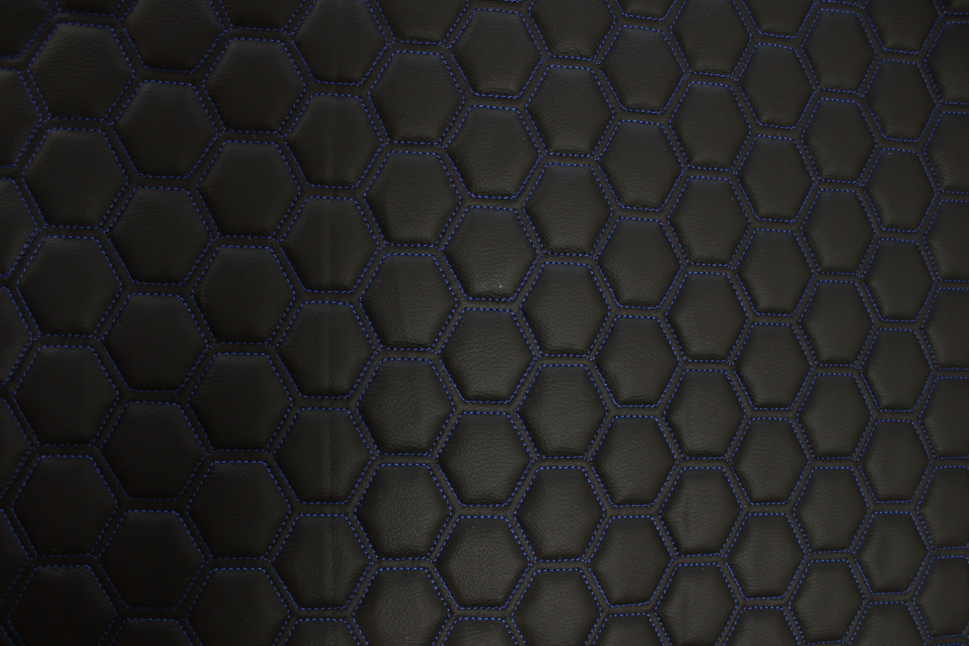 Blue Quilted Black Vinyl Faux Leather Car Upholstery Fabric | 2" x 5cm Hexagon Pattern Stitch with 5mm Foam Backing | 140cm Wide | Automotive