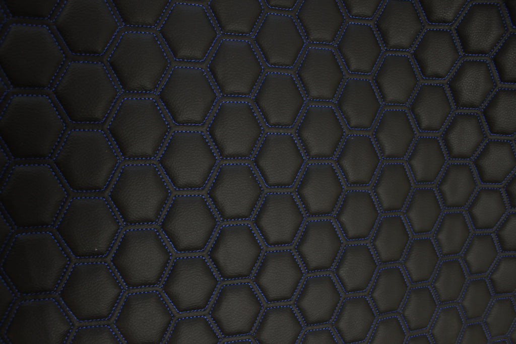Blue Quilted Black Vinyl Faux Leather Car Upholstery Fabric | 2" x 5cm Hexagon Pattern Stitch with 5mm Foam Backing | 140cm Wide | Automotive