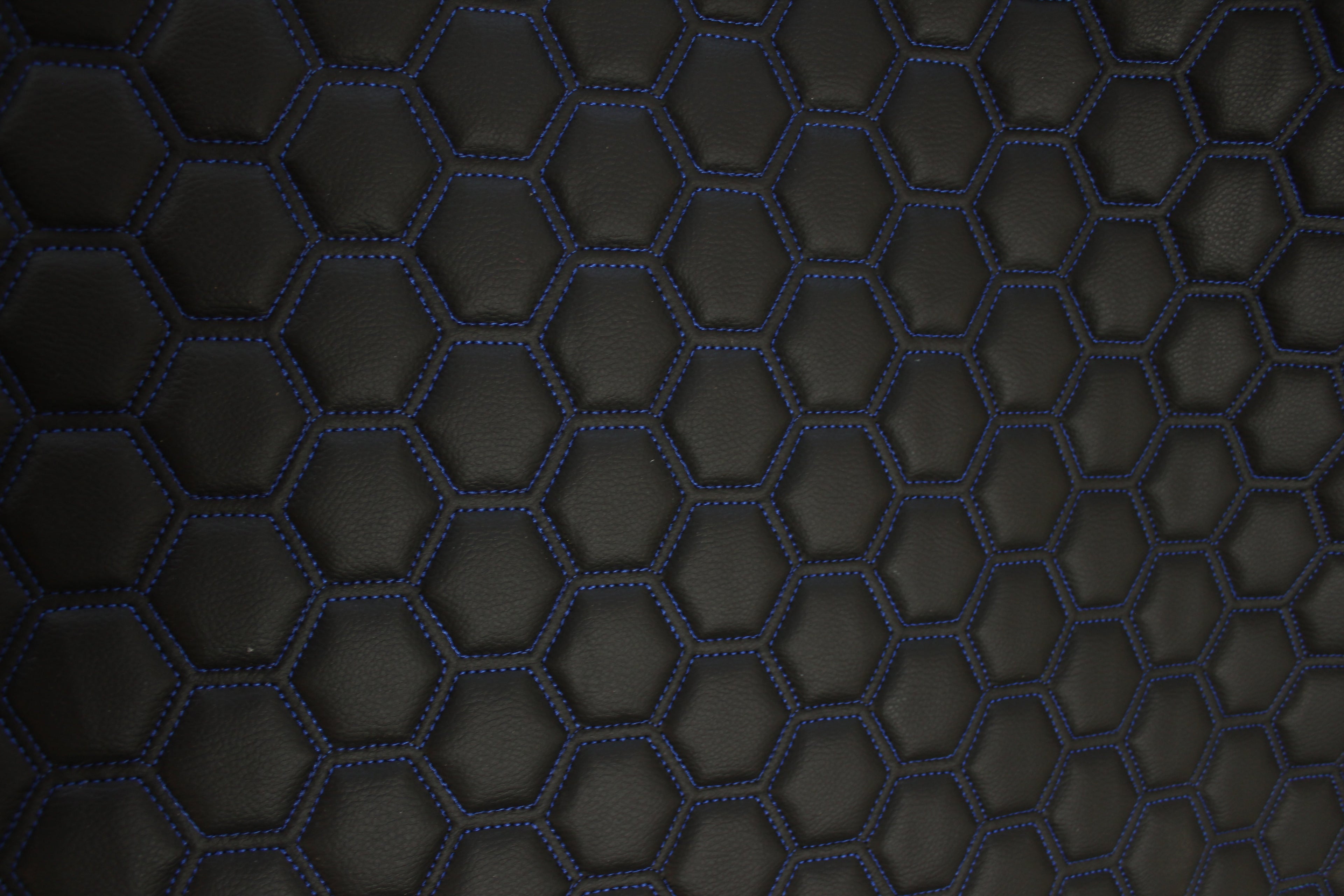 Blue Quilted Black Vinyl Faux Leather Car Upholstery Fabric | 2" x 5cm Hexagon Pattern Stitch with 5mm Foam Backing | 140cm Wide | Automotive