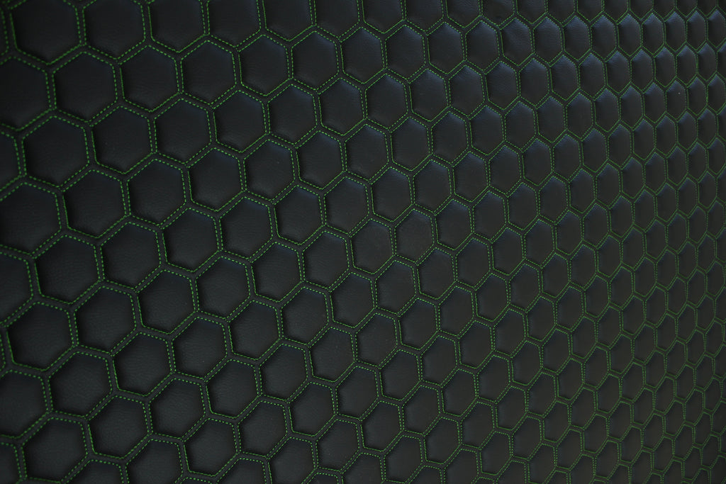 Green Quilted Black Vinyl Faux Leather Car Upholstery Fabric | 2" x 5cm Hexagon Pattern Stitch with 5mm Foam Backing | 140cm Wide | Automotive