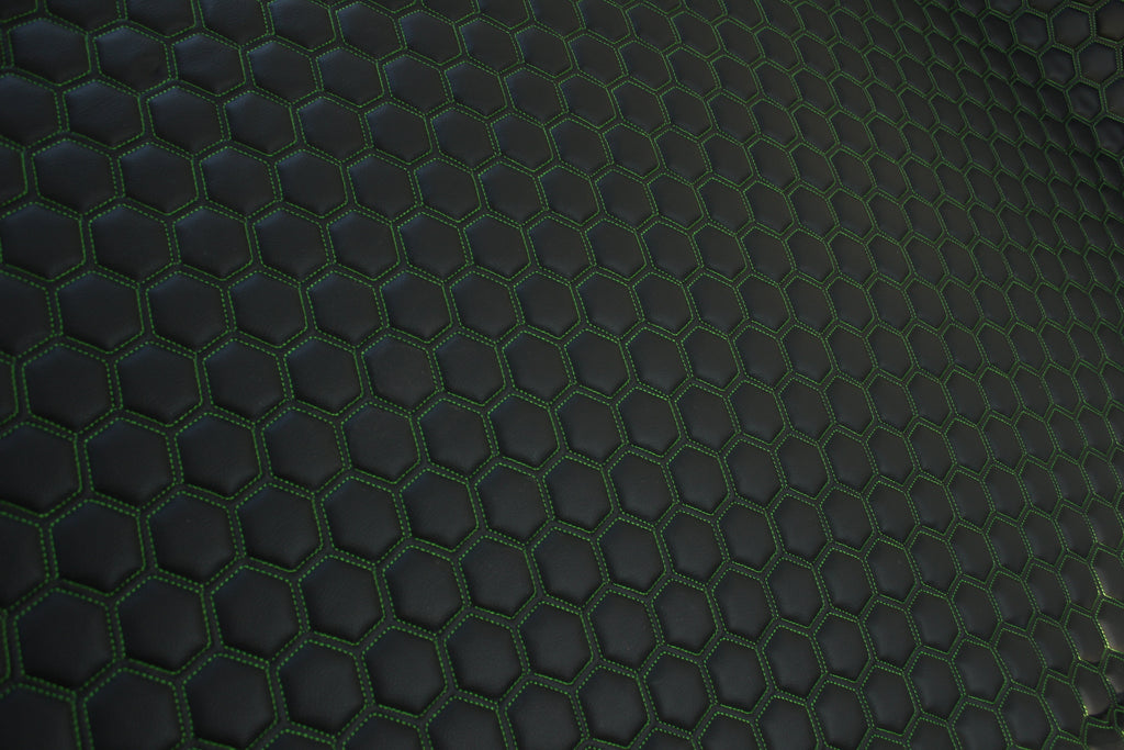 Green Quilted Black Vinyl Faux Leather Car Upholstery Fabric | 2" x 5cm Hexagon Pattern Stitch with 5mm Foam Backing | 140cm Wide | Automotive