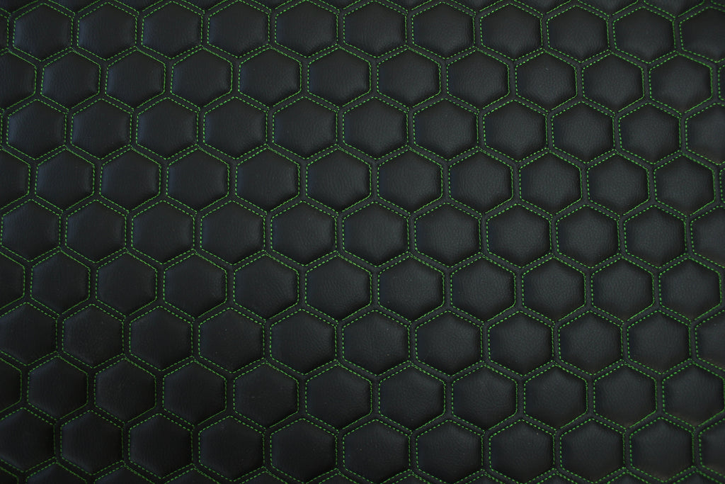 Green Quilted Black Vinyl Faux Leather Car Upholstery Fabric | 2" x 5cm Hexagon Pattern Stitch with 5mm Foam Backing | 140cm Wide | Automotive