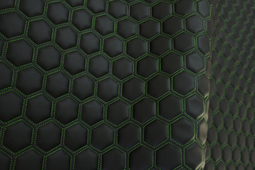 Green Quilted Black Vinyl Faux Leather Car Upholstery Fabric | 2" x 5cm Hexagon Pattern Stitch with 5mm Foam Backing | 140cm Wide | Automotive