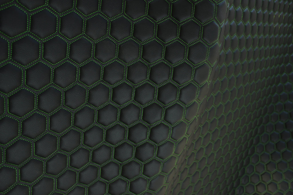 Green Quilted Black Vinyl Faux Leather Car Upholstery Fabric | 2" x 5cm Hexagon Pattern Stitch with 5mm Foam Backing | 140cm Wide | Automotive