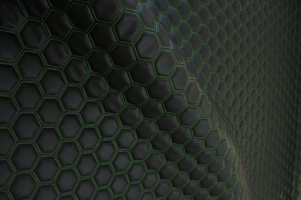 Green Quilted Black Vinyl Faux Leather Car Upholstery Fabric | 2" x 5cm Hexagon Pattern Stitch with 5mm Foam Backing | 140cm Wide | Automotive