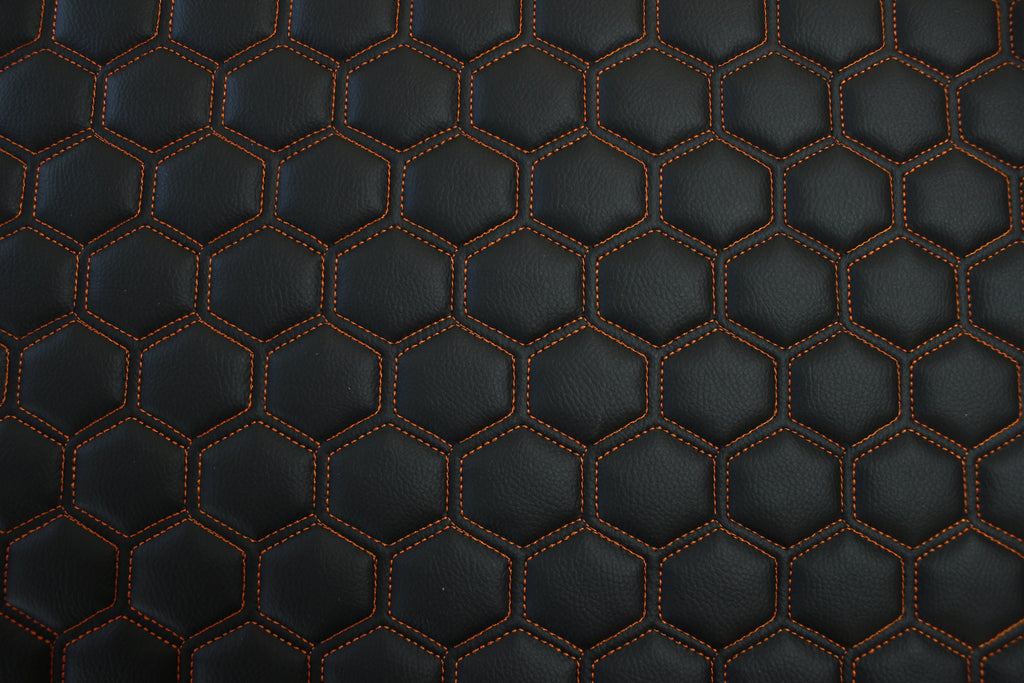 Orange Quilted Black Vinyl Faux Leather Car Upholstery Fabric | 2" x 5cm Hexagon Pattern Stitch with 5mm Foam Backing | 140cm Wide | Automotive