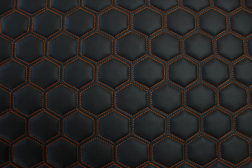 Orange Quilted Black Vinyl Faux Leather Car Upholstery Fabric | 2" x 5cm Hexagon Pattern Stitch with 5mm Foam Backing | 140cm Wide | Automotive