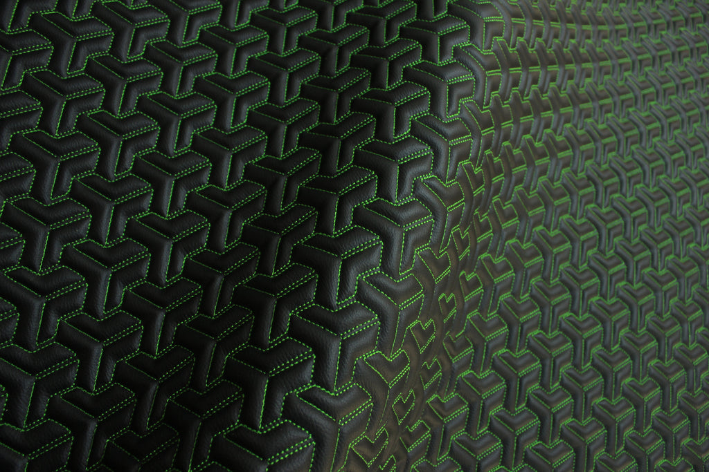 Trio Triangle Green Quilted Faux Leather Upholstery Fabric | Foam Backing | Automotive, Marine, Furniture | 140cm (55.1") Wide Mercedes - BMW - VW