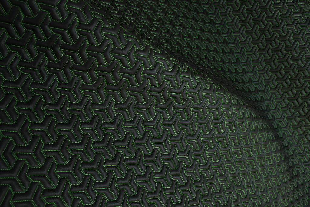 Trio Triangle Green Quilted Faux Leather Upholstery Fabric | Foam Backing | Automotive, Marine, Furniture | 140cm (55.1") Wide Mercedes - BMW - VW
