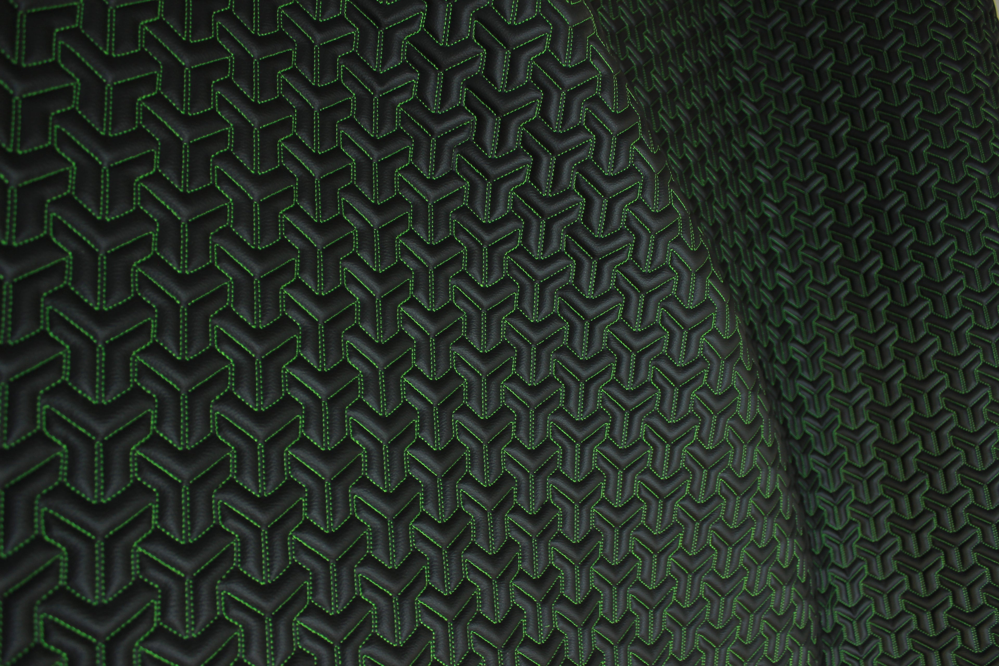 Trio Triangle Green Quilted Faux Leather Upholstery Fabric | Foam Backing | Automotive, Marine, Furniture | 140cm (55.1") Wide Mercedes - BMW - VW