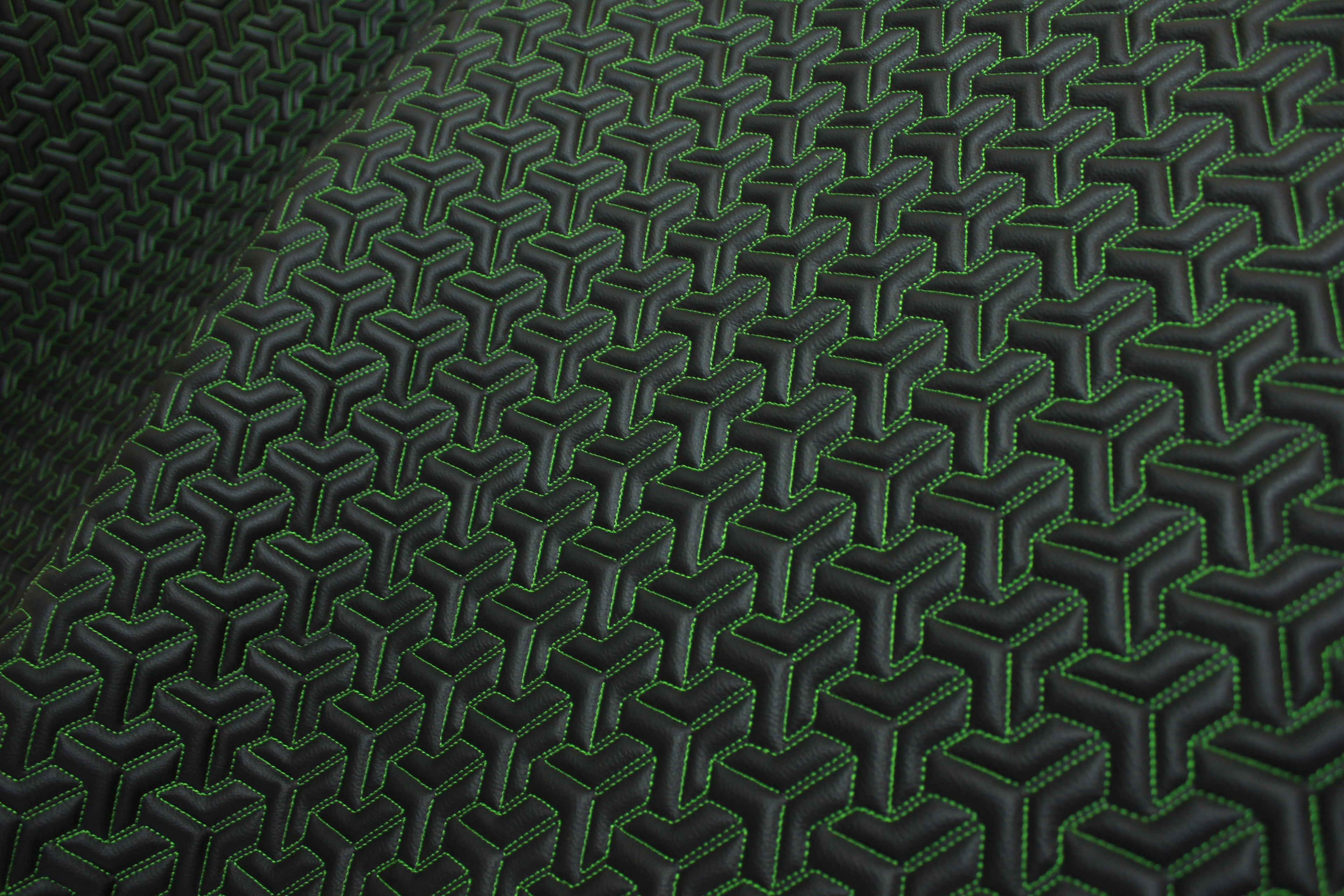 Trio Triangle Green Quilted Faux Leather Upholstery Fabric | Foam Backing | Automotive, Marine, Furniture | 140cm (55.1") Wide Mercedes - BMW - VW